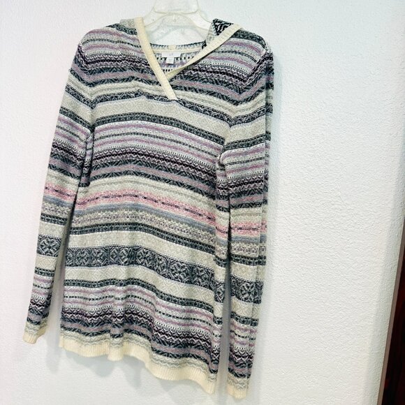 J Jill Pullover Sweater Hoodie Stripes Cozy Knit Cotton Blend Women's Small Tall - Picture 6 of 7
